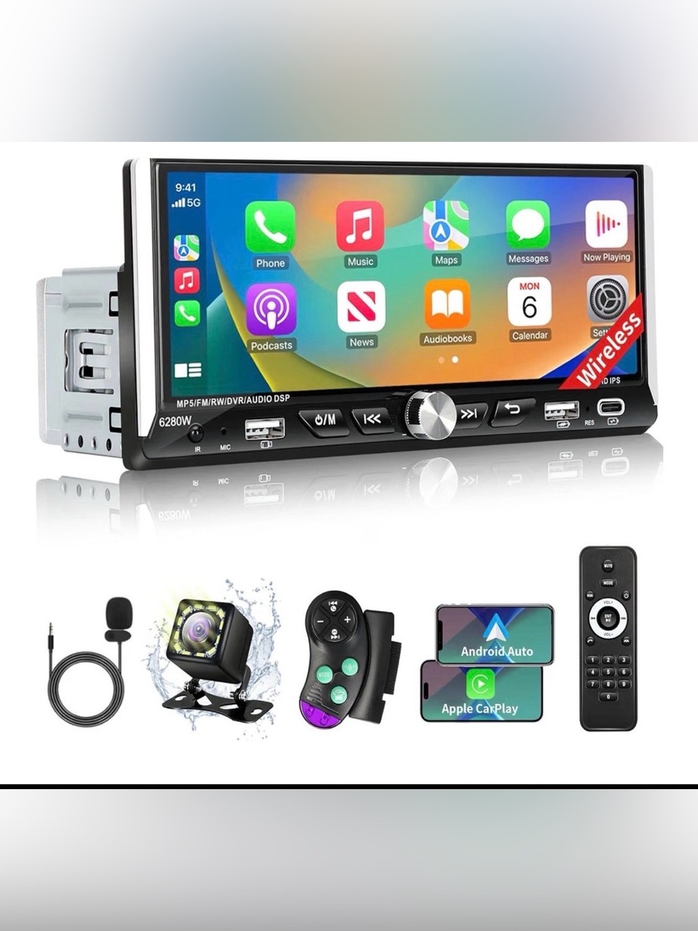 Single Din Radio Car Stereo with Wireless Apple Carplay & Android Auto